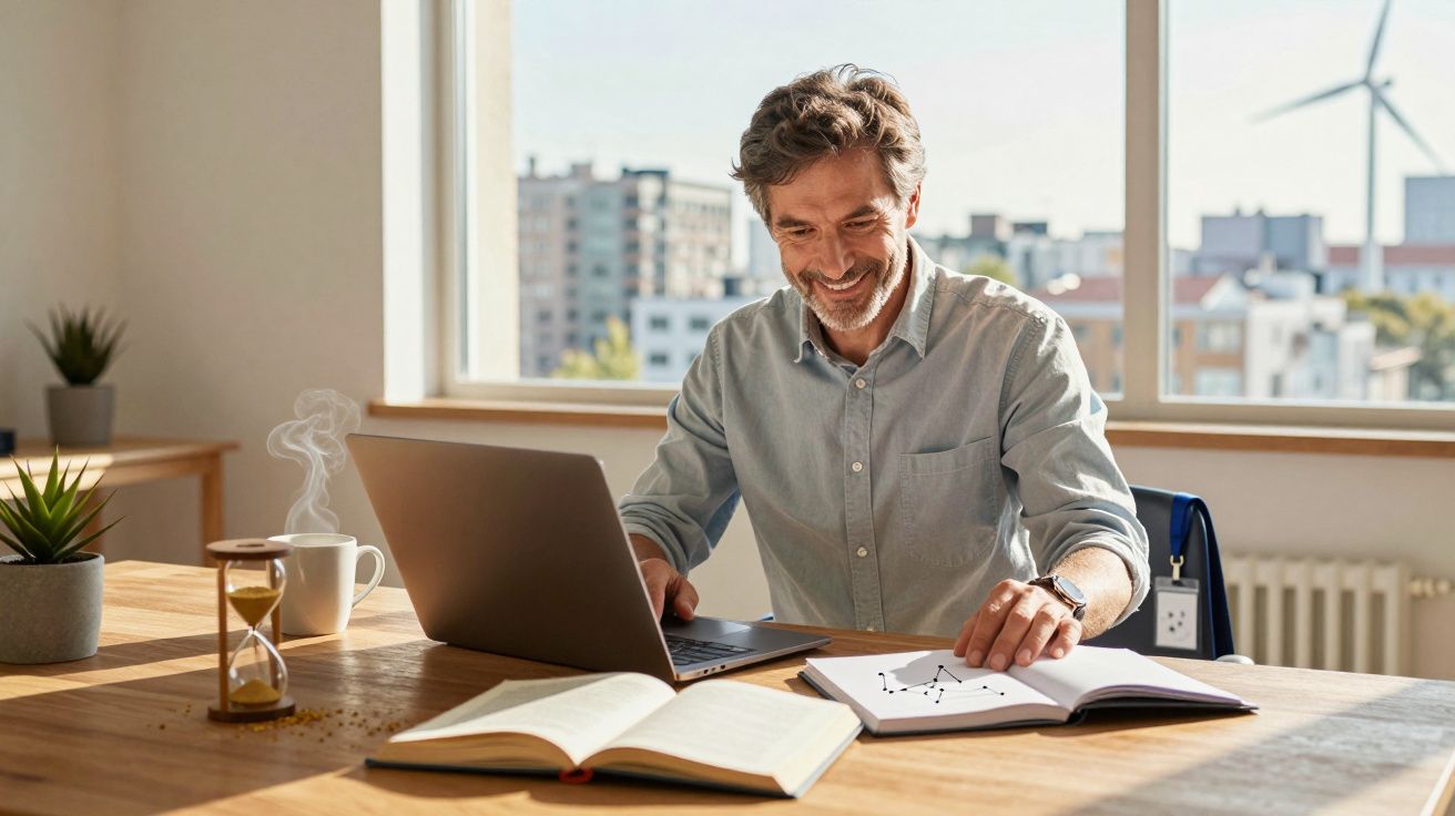 Homem sorridente a trabalhar no portátil numa mesa com livros e chávena, com janela e cidade ao fundo.