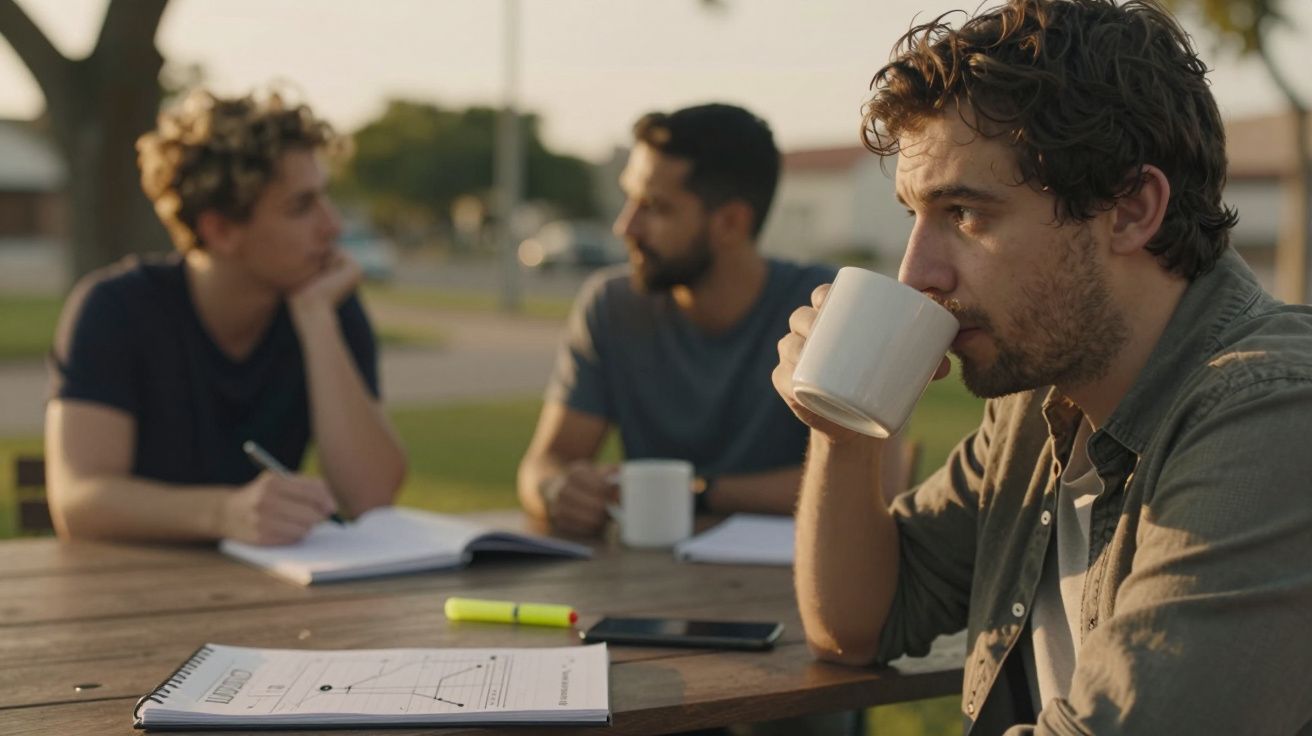 Homens num encontro ao ar livre, um bebendo café, outros dois conversando, com cadernos na mesa.