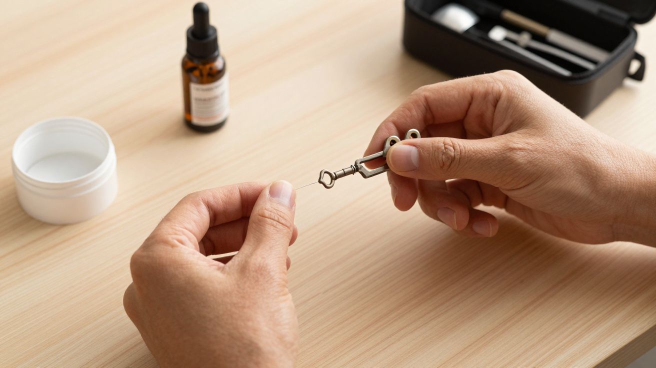 Mãos segurando uma pequena chave com ferramentas e frasco ao fundo sobre uma mesa de madeira clara.