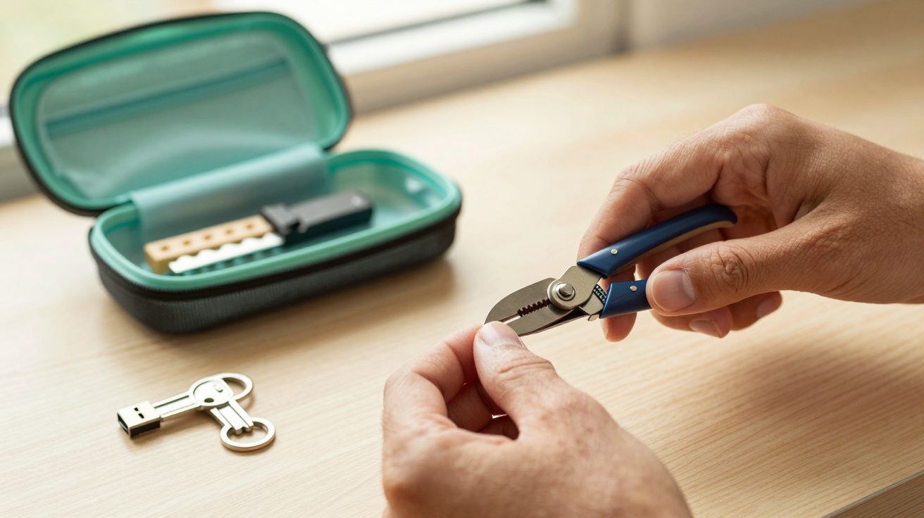 Mãos segurando um alicate azul próximo a um estojo e chave USB em cima de uma mesa de madeira.