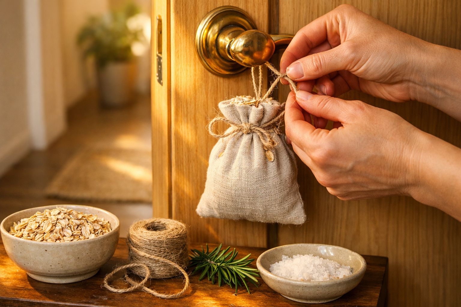 Mãos colocando um saco de pano com lavanda e aveia na maçaneta de uma porta, ao lado de plantas e sal em tacinhas.