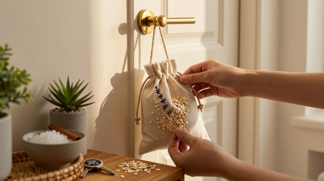 Mãos colocam saco de linho com flores de lavanda e aveia na porta, ao lado de plantas e sal em tigelas.