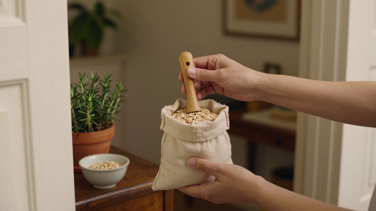 Mãos seguram saco de aveia com colher de madeira; planta e taça no fundo.