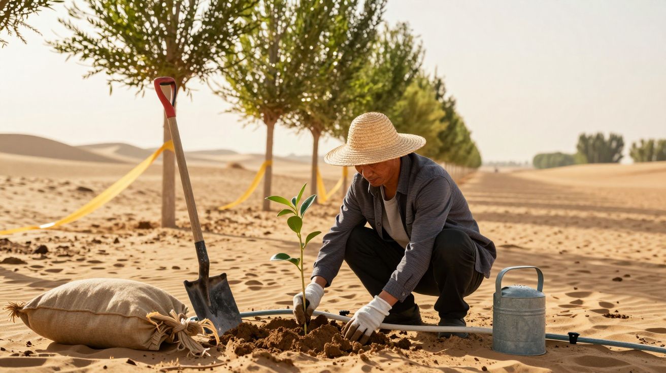 Homem com chapéu de palha planta muda no deserto, rodeado de árvores alinhadas e regador ao lado.