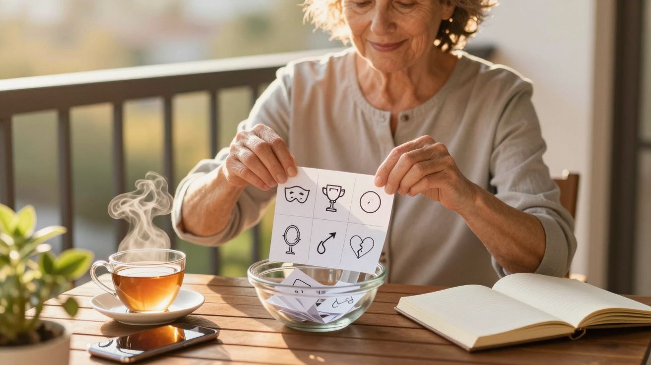 Mulher idosa sentada em varanda, olhando papéis com ícones, chá e caderno abertos sobre a mesa.