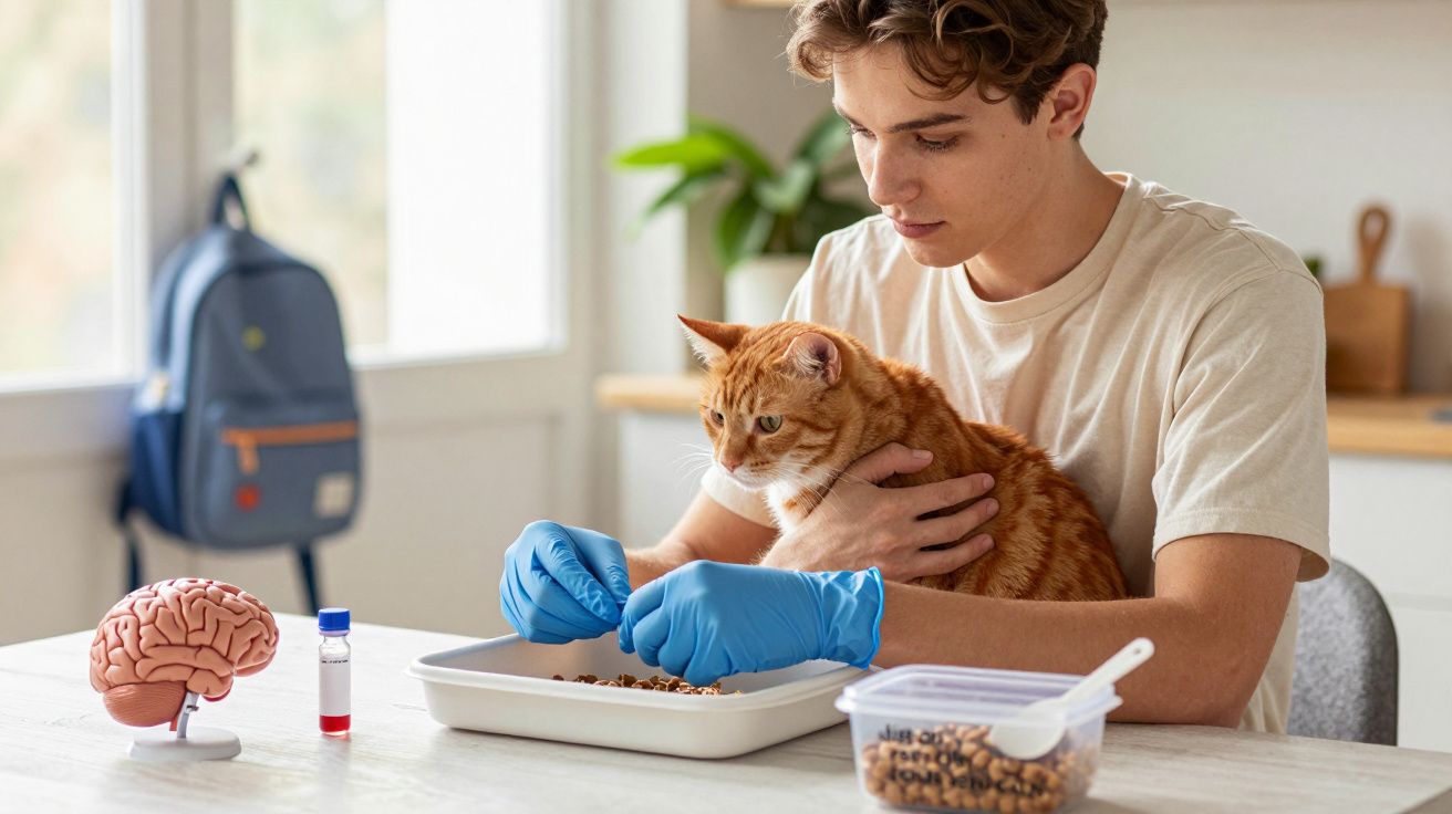 Jovem alimenta gato laranja, vestindo luvas, ao lado de modelo de cérebro e tubo de ensaio numa mesa.