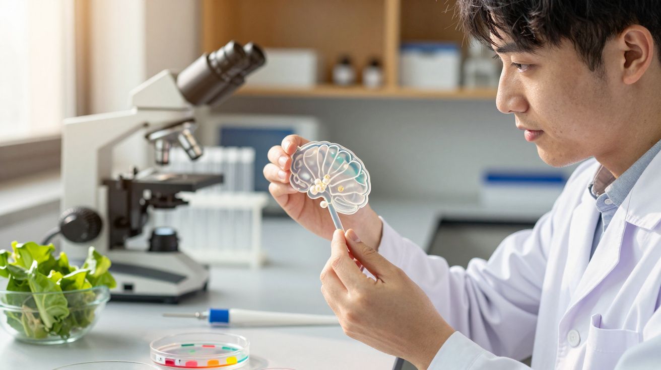 Cientista em laboratório analisa modelo de cérebro humano em plástico, com microscópio e amostras de plantas ao fundo.