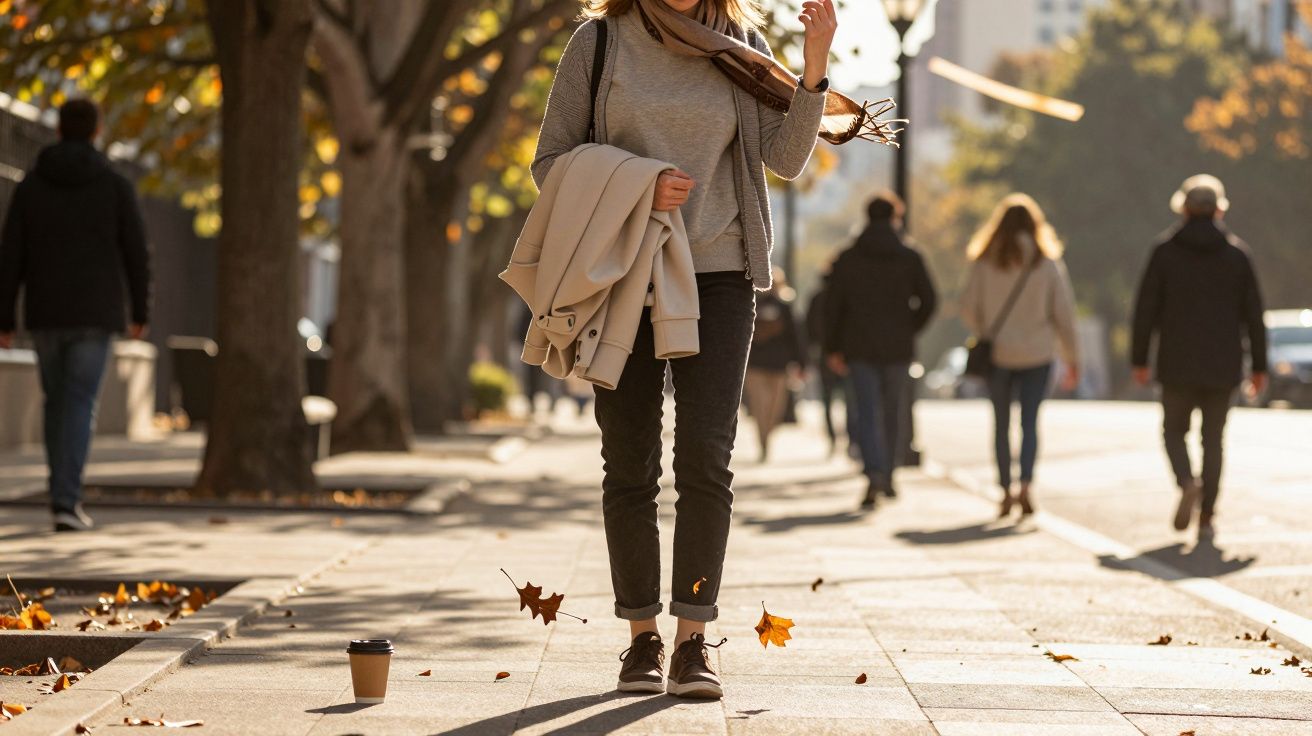 Mulher a caminhar numa rua outonal, segurando casaco e cachecol. Copo de café e folhas secas no chão.