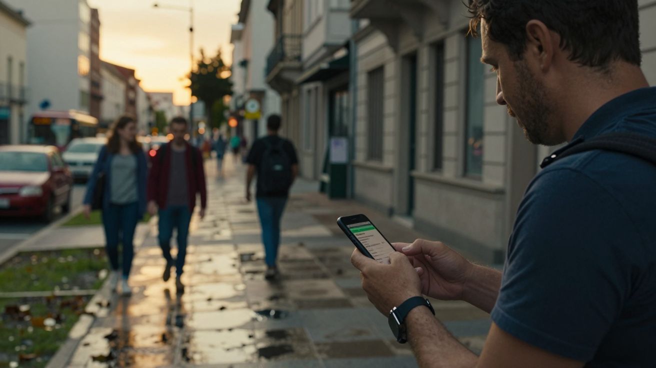 Homem usando smartphone numa rua ao entardecer, com pessoas caminhando ao fundo.