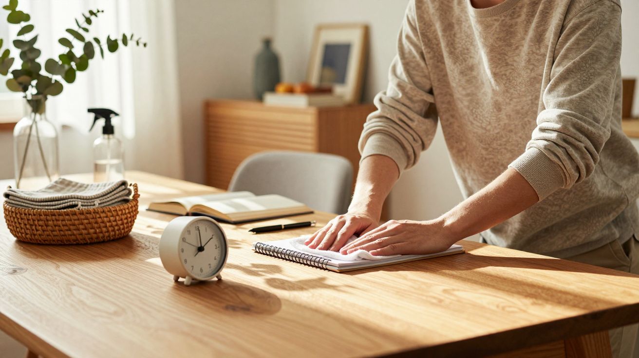 Pessoa arruma papéis numa mesa de madeira com despertador, cesto e livros ao sol.