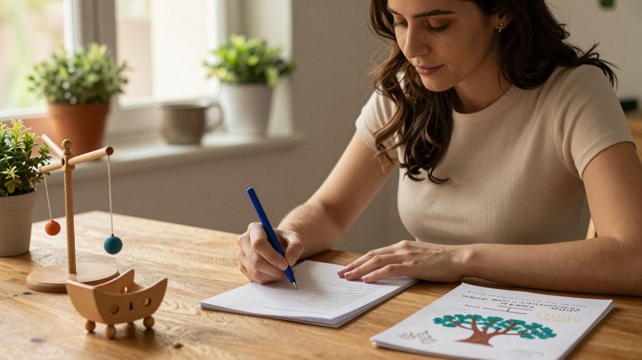 Mulher a escrever em caderno numa mesa com brinquedo e plantas ao fundo.
