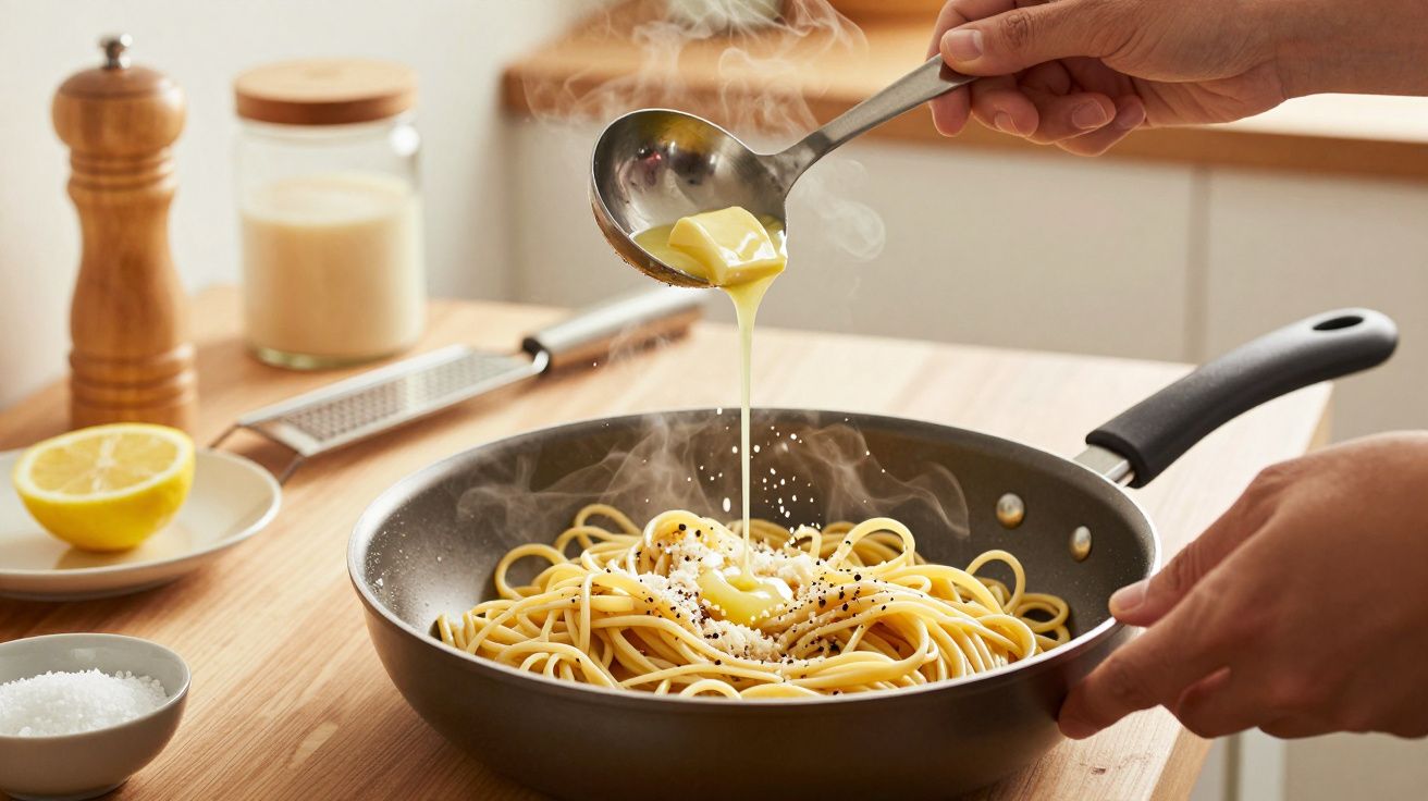 Pessoa a adicionar molho a um prato de esparguete numa frigideira. Ingredientes ao fundo.