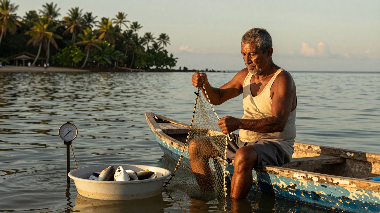 Pescador sentado em barco, segurando rede com peixes, lagoa ao fundo. Palmeiral e balança com balde de peixes visíveis.