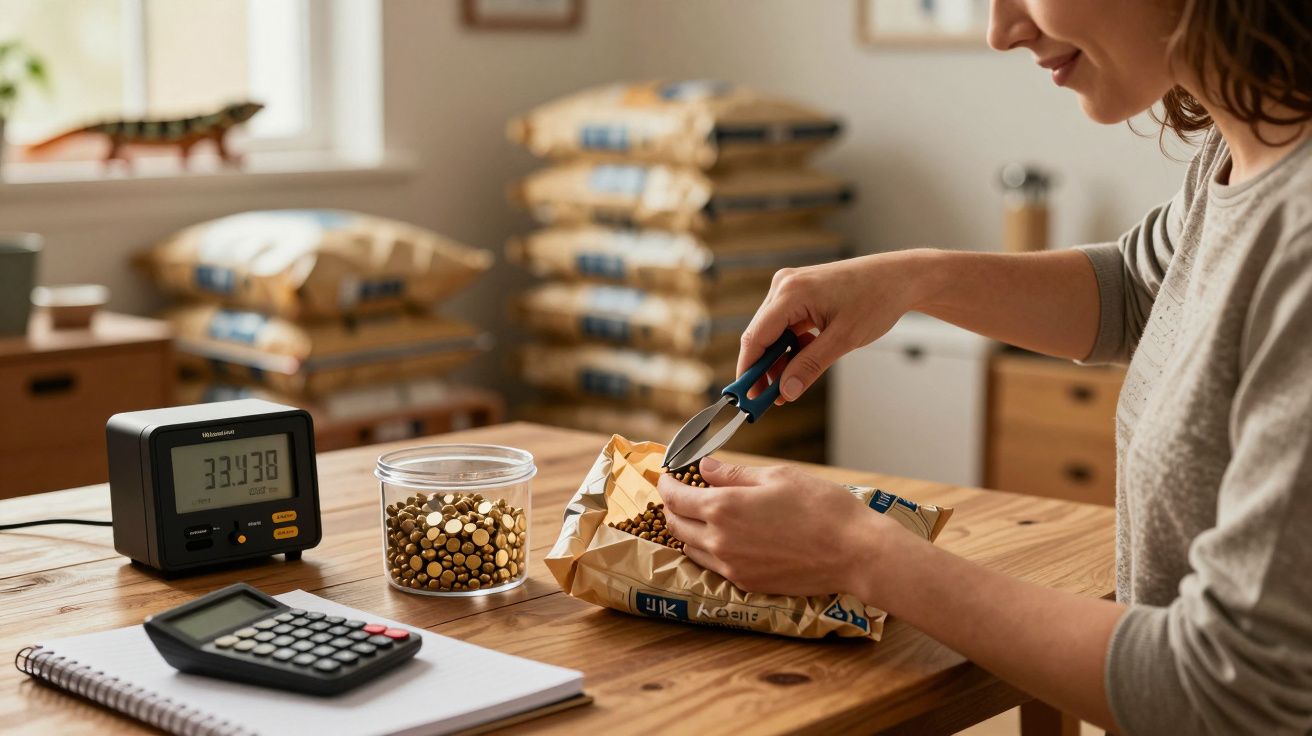 Mulher a pesar grãos, com balança, calculadora e cadernos numa mesa de madeira, num ambiente doméstico.