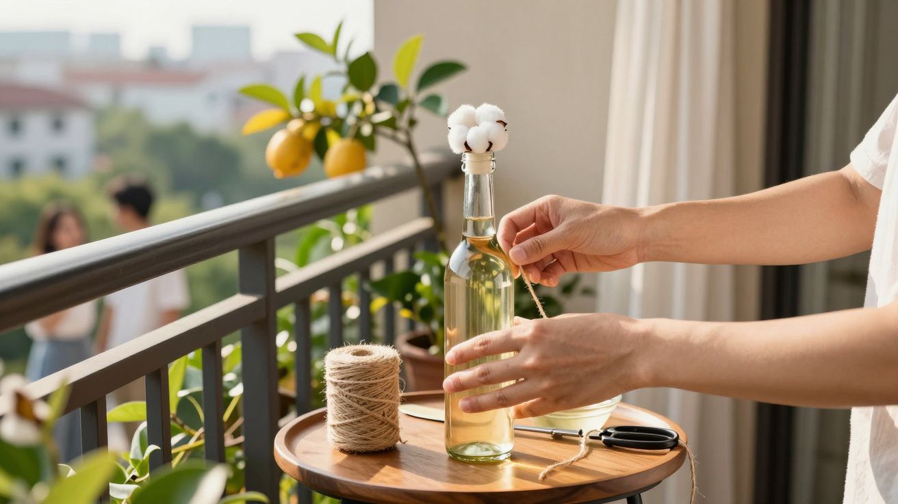 Pessoa amarra fio em garrafa de vidro num terraço com planta de citrinos ao fundo.