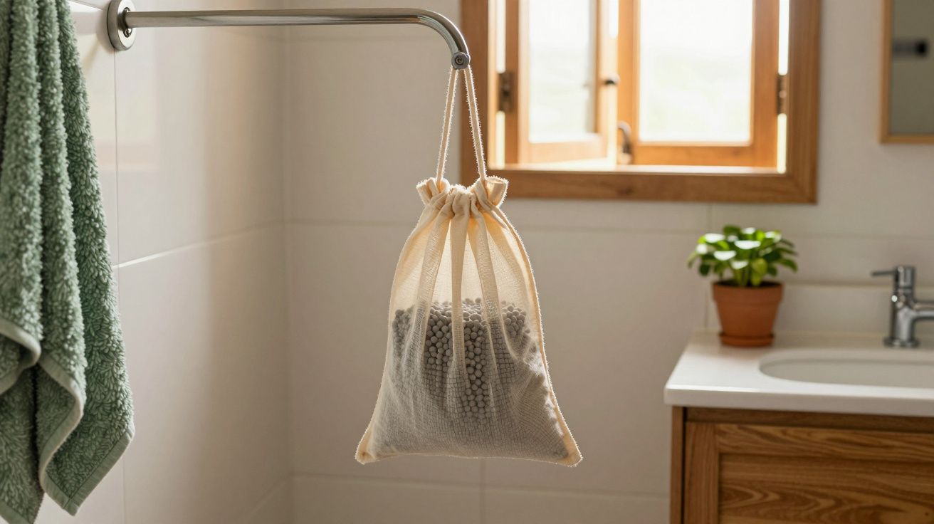 Saco de malha pendurado numa barra de toalhas numa casa de banho, com toalha verde, janela aberta e vaso de planta.