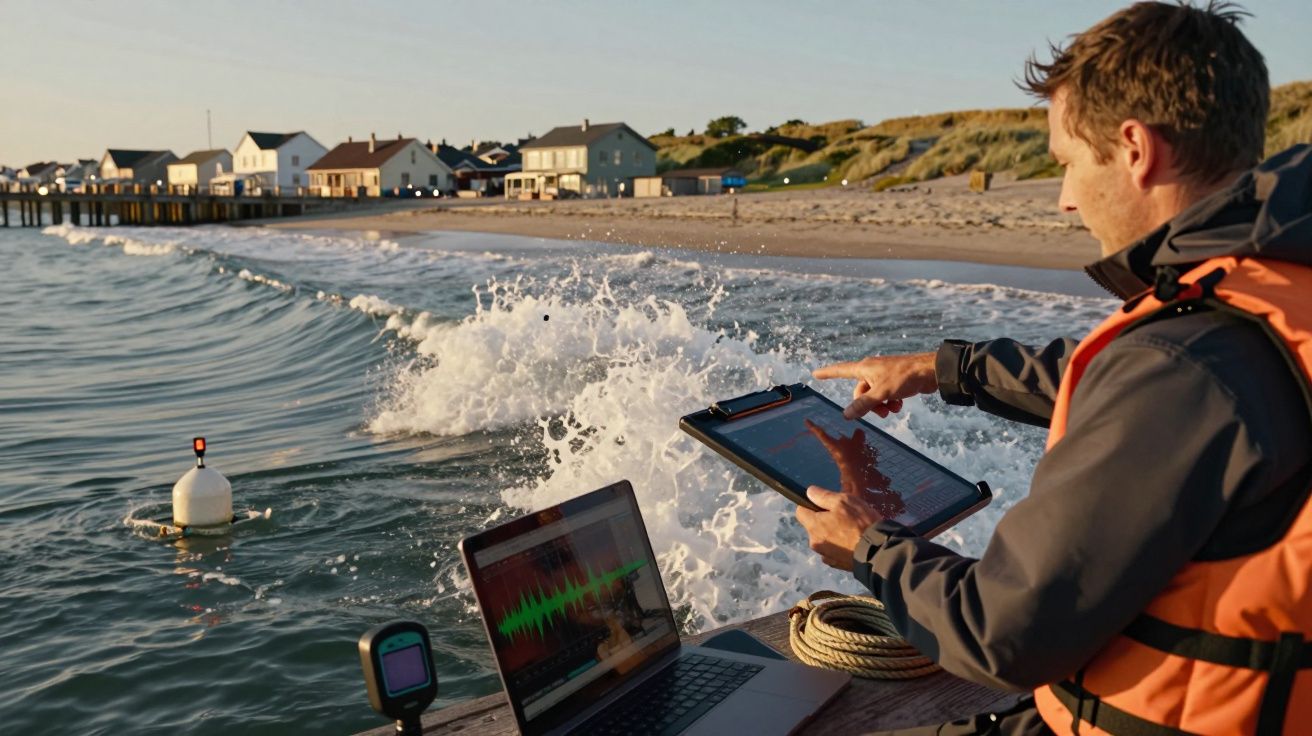 Homem de colete laranja analisa dados num tablet perto do mar, com um portátil aberto ao lado, numa praia.
