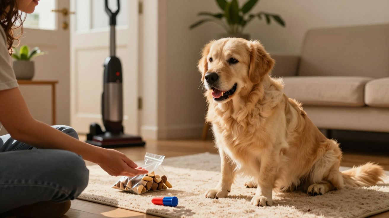 Cão sentado numa sala junto a uma pessoa, com biscoitos de cão no chão. Aspirador e sofá no fundo.