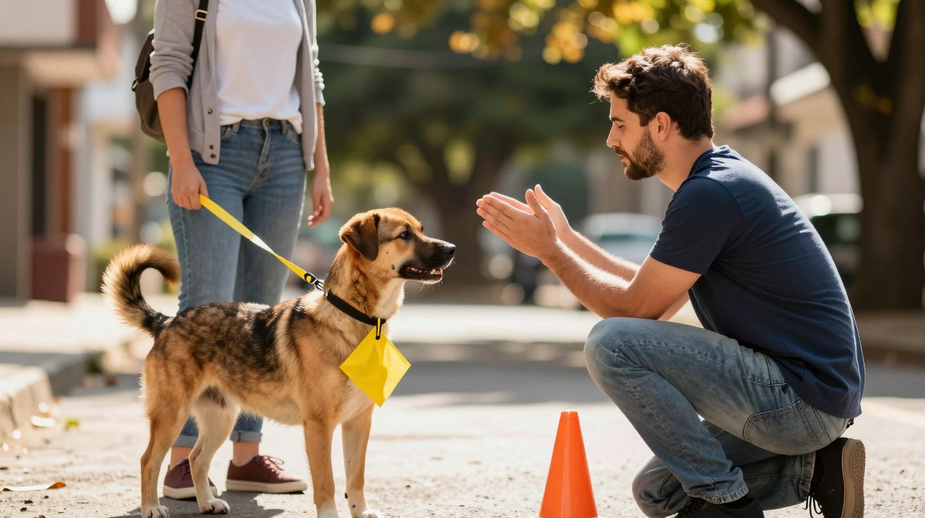 Homem agachado treina cão numa rua, ao lado de uma mulher; cones laranja no chão.