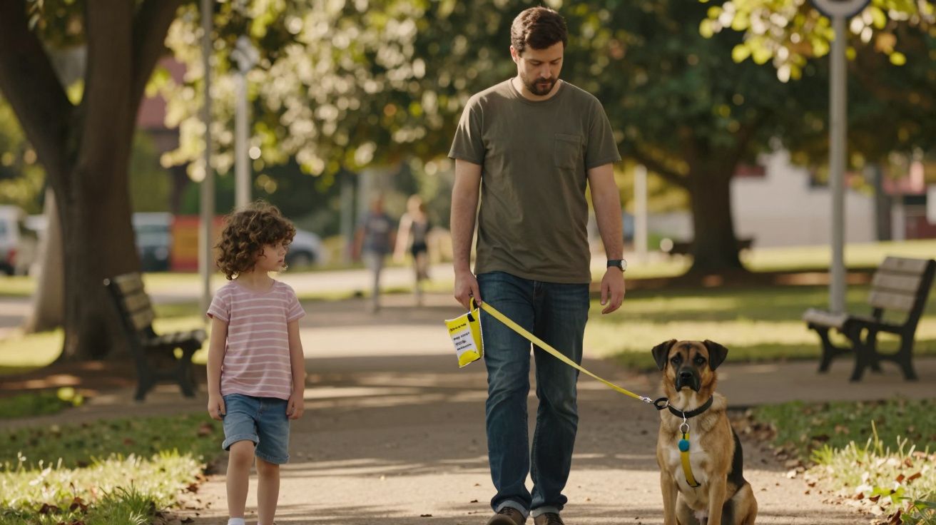 Homem e criança caminham com um cão numa trela amarela num parque arborizado, num dia ensolarado.