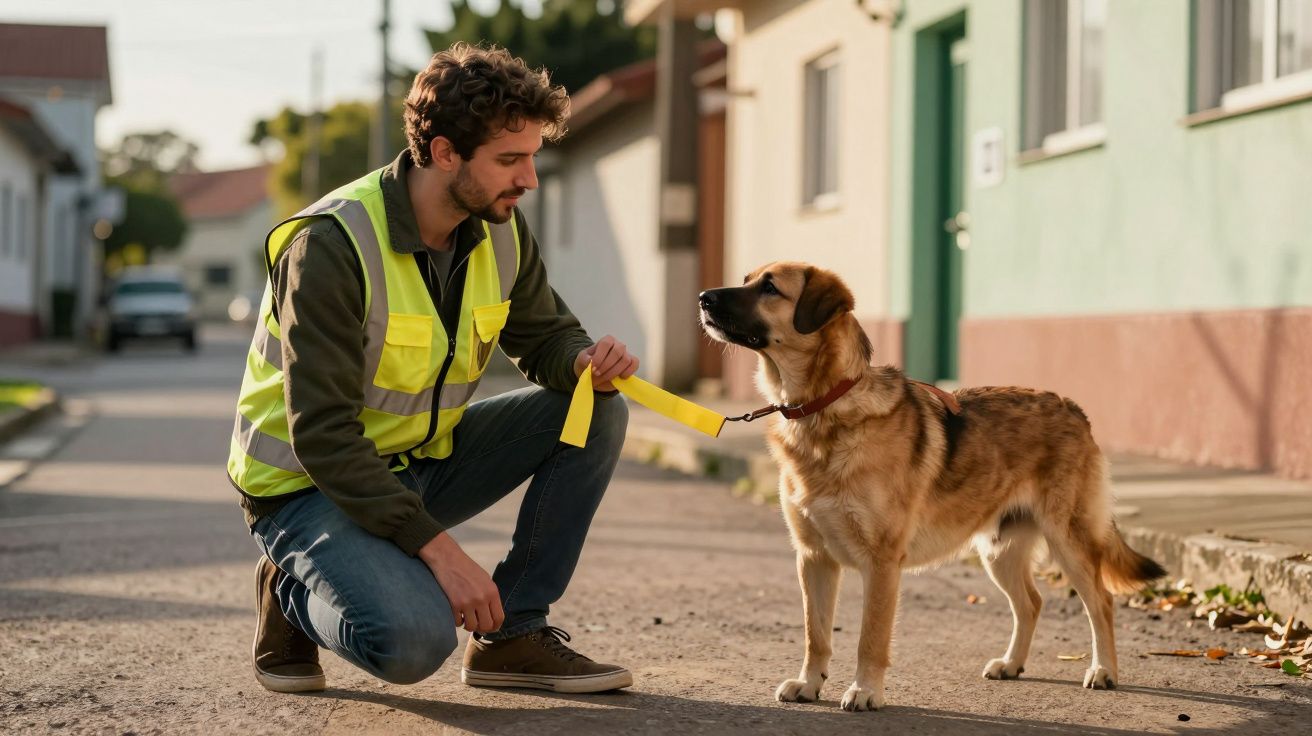 Homem de colete refletor ajoelhado na rua, segurando a trela de um cão castanho e branco.