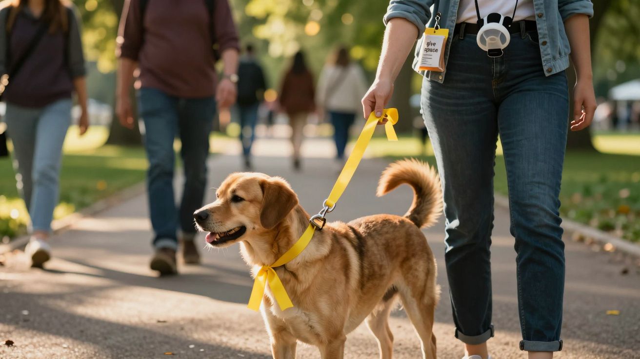Pessoa a caminhar num parque com um cão de pelo dourado, segurando uma trela amarela. Outras pessoas ao fundo.