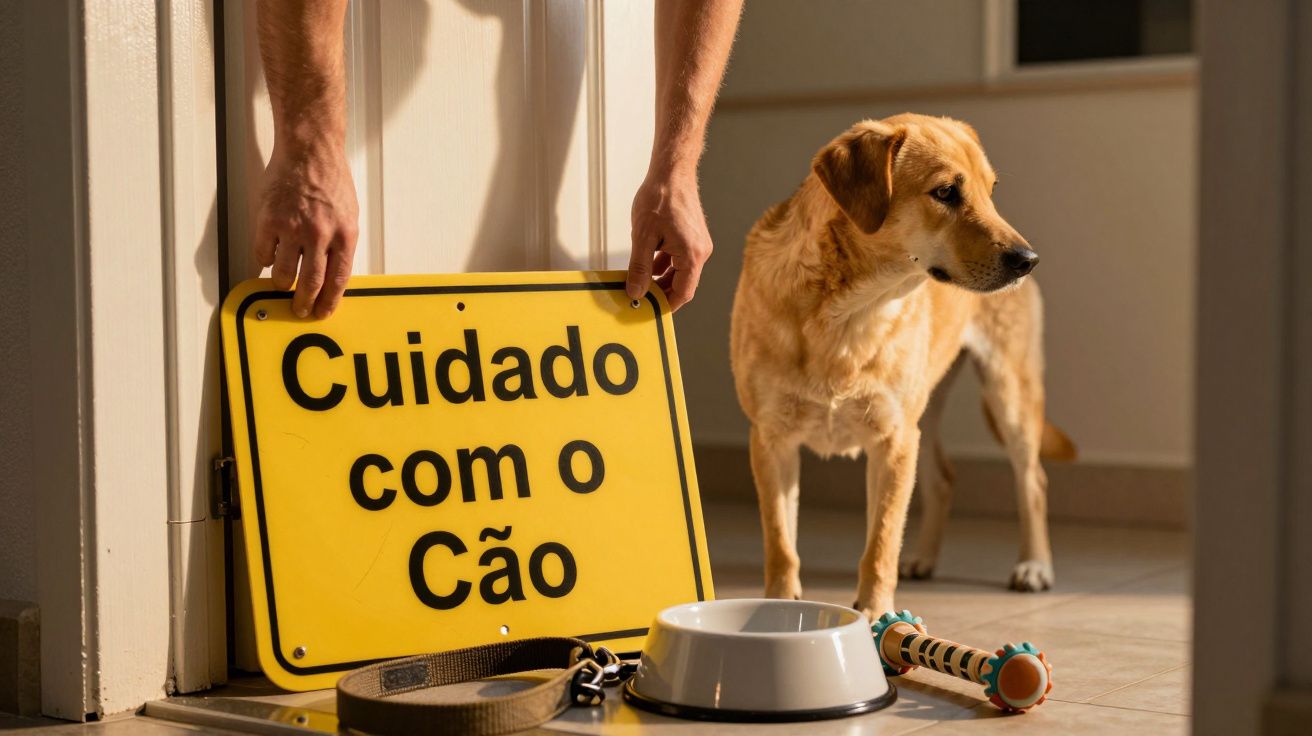 Cão castanho ao lado de uma placa amarela com a frase "Cuidado com o Cão", uma tigela e brinquedos no chão.