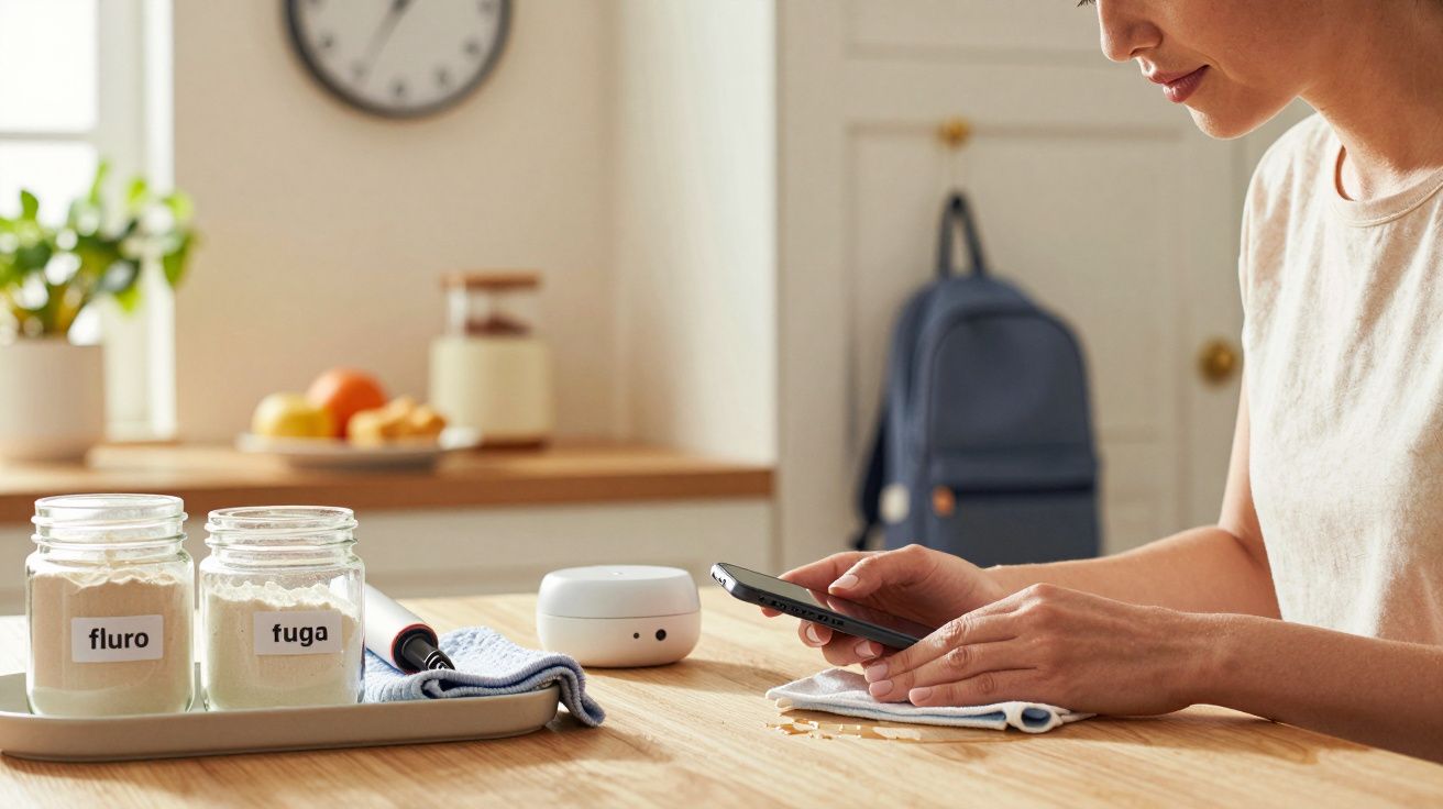 Mulher usa smartphone numa cozinha. Jarra com rótulos, dispositivo electrónico e mochila ao fundo.