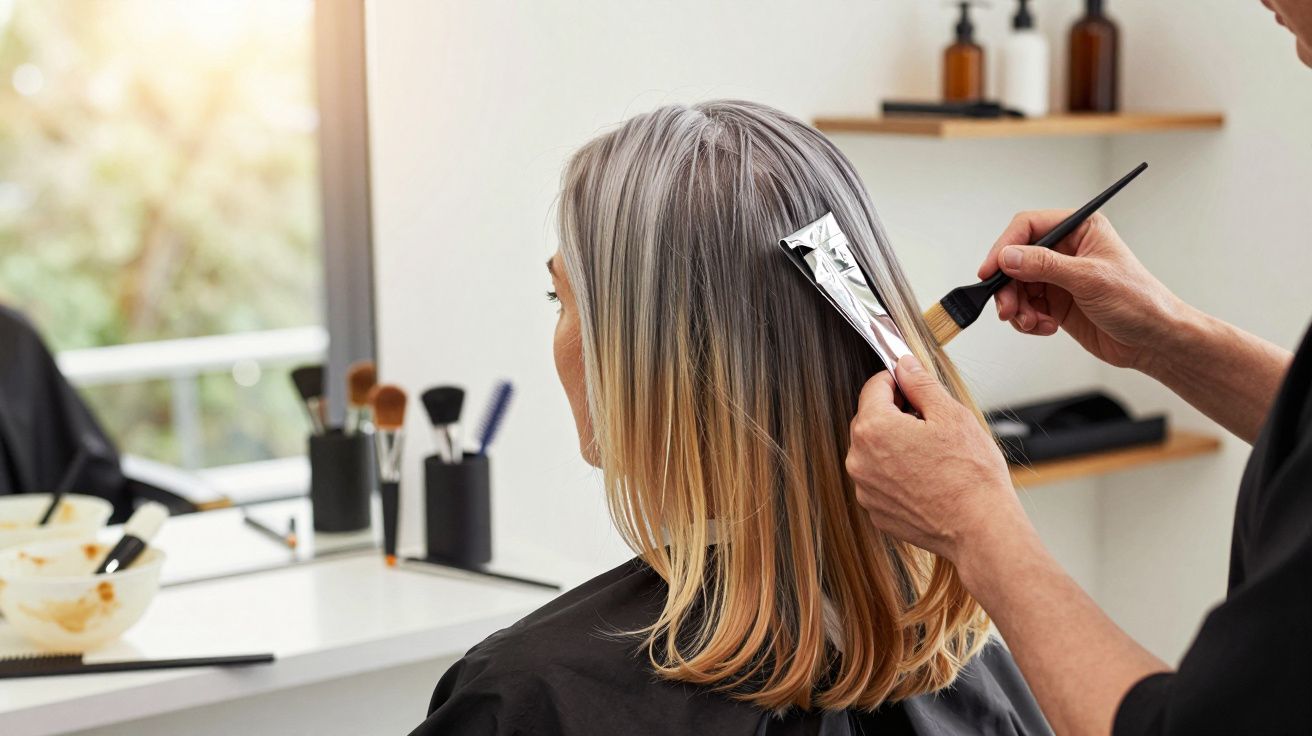 Cabeleireiro aplica tinta no cabelo de uma mulher com cabelo cinza e castanho, num salão iluminado.