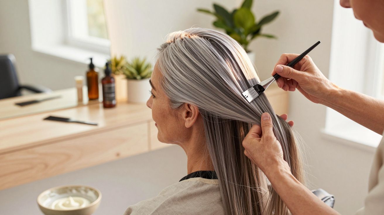 Cabeleireiro aplicando tinta em cabelo grisalho de mulher num salão moderno e iluminado.