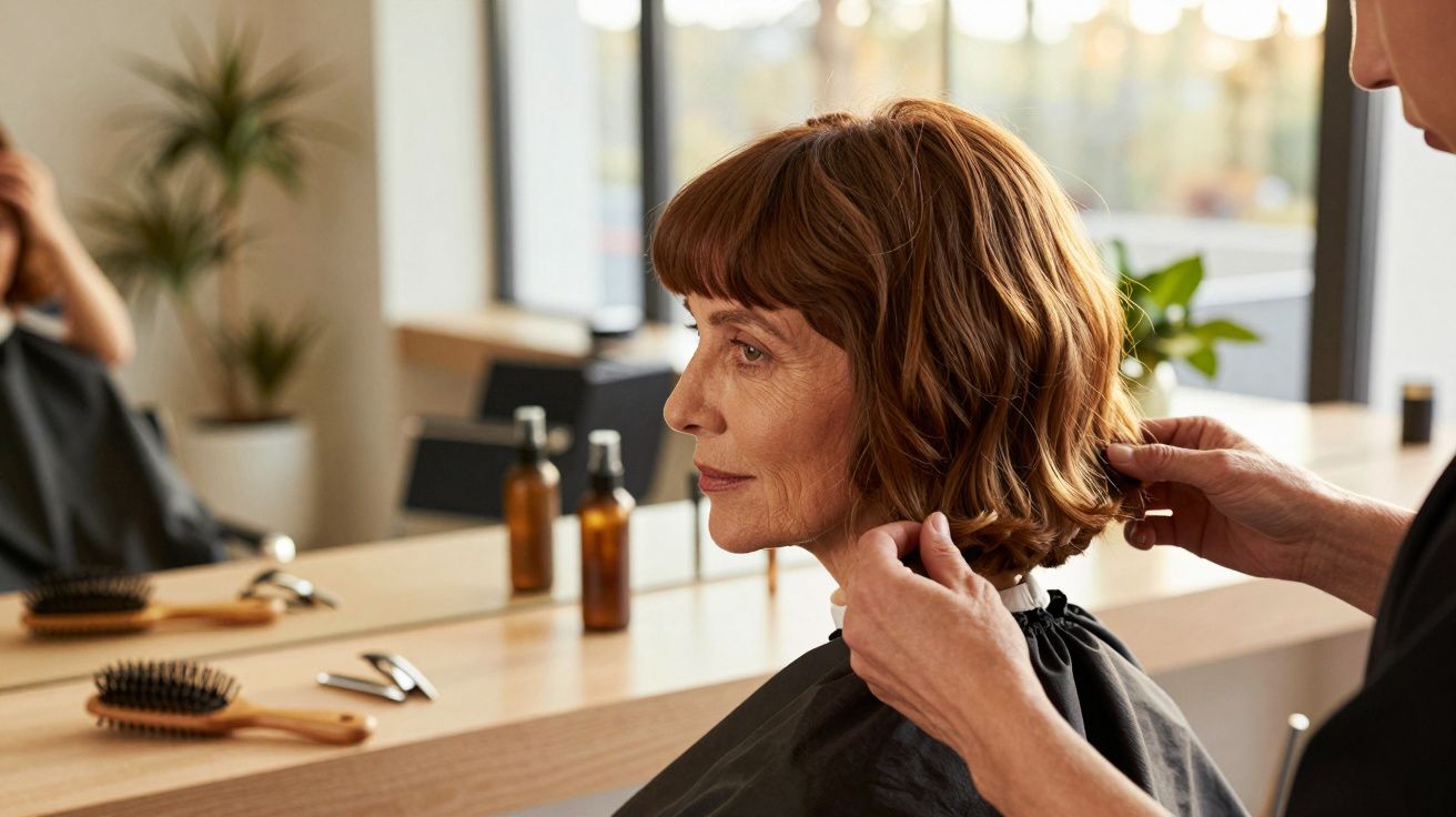 Mulher idosa num salão de cabeleireiro, cabelo curto castanho, sentada de perfil, cabeleireiro ajustando o corte.