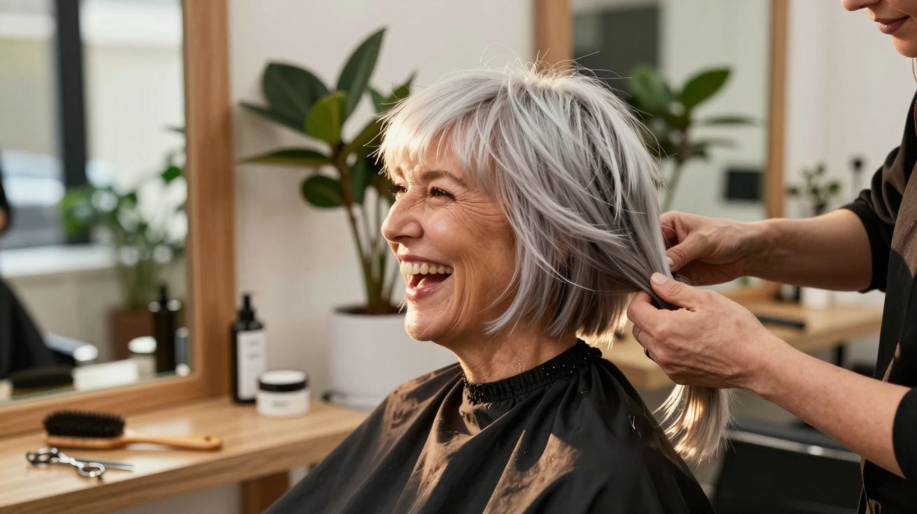 Senhora sorridente com cabelo grisalho a ser penteado num salão de cabeleireiro com espelho e plantas ao fundo.