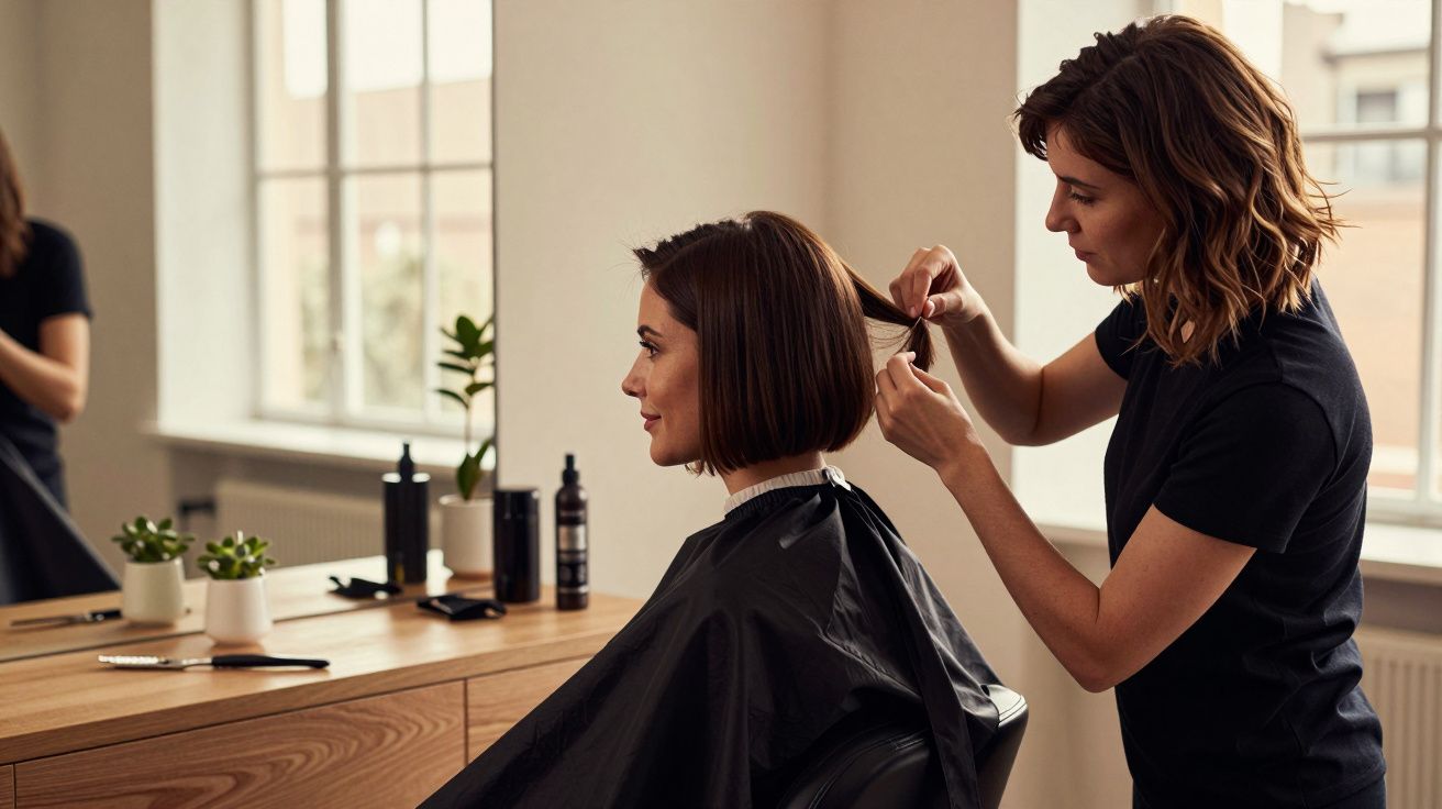 Cabeleireira a cortar cabelo de uma cliente num salão bem iluminado.