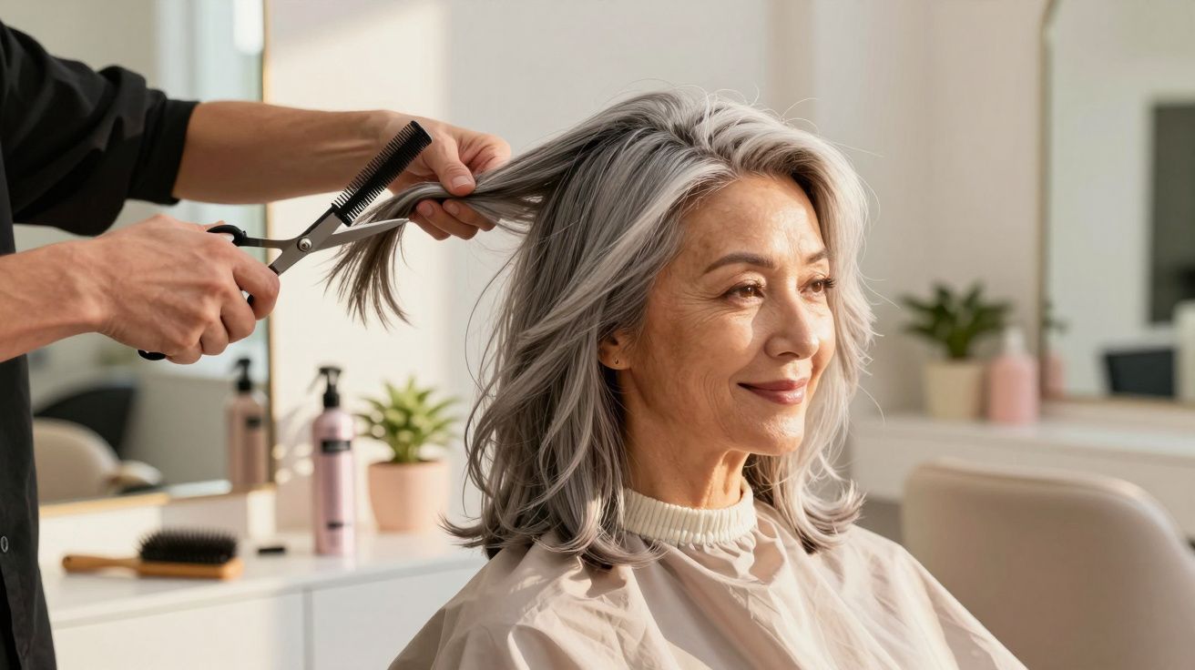 Mulher sorridente com cabelo grisalho a ser penteado num salão de cabeleireiro iluminado.