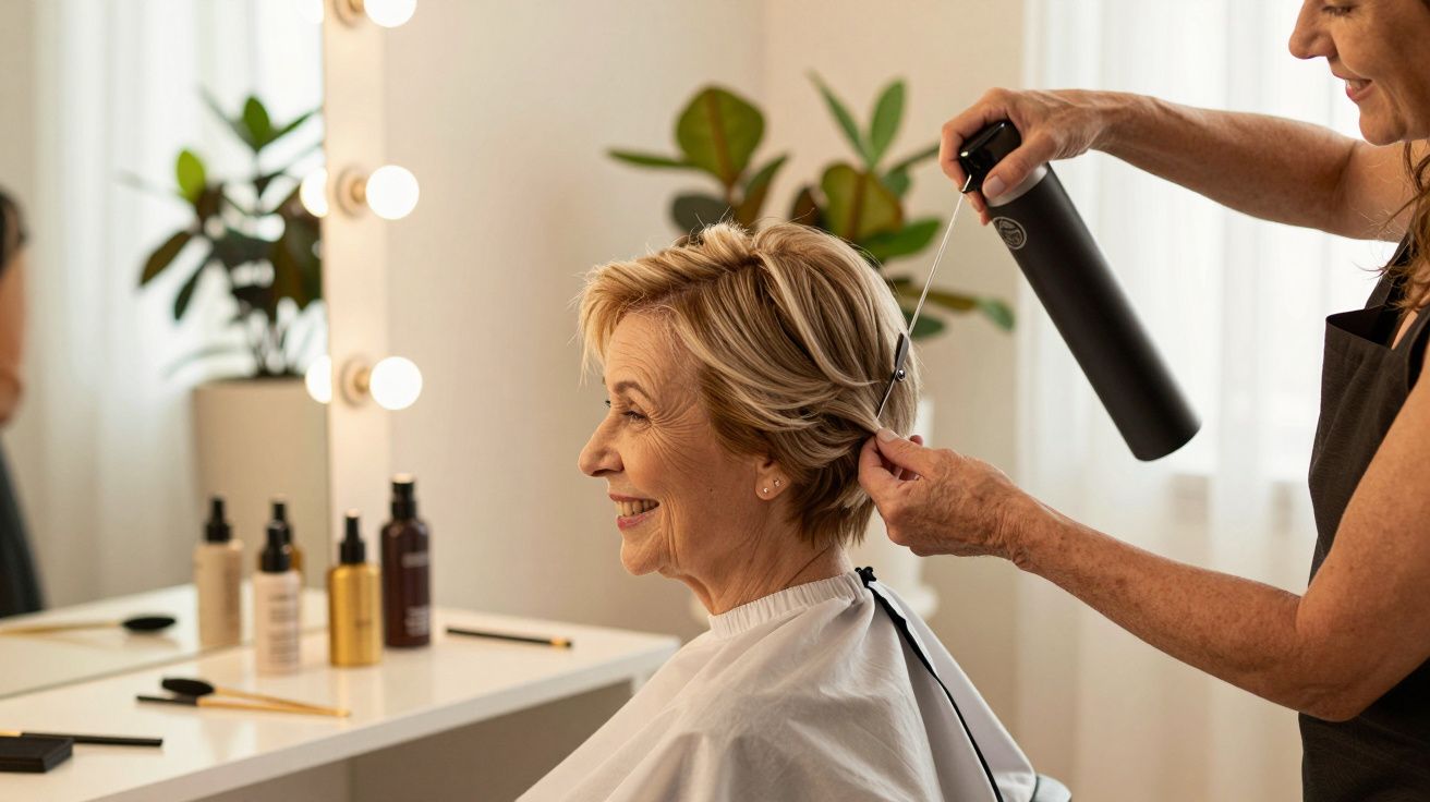 Mulher sorridente em cabeleireiro durante corte de cabelo, com produtos de beleza na mesa de espelhos iluminados.