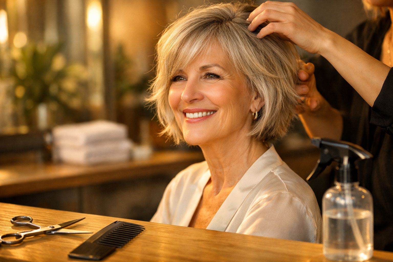 Mulher sorrindo num cabeleireiro, com cabelo castanho sendo penteado por um profissional.