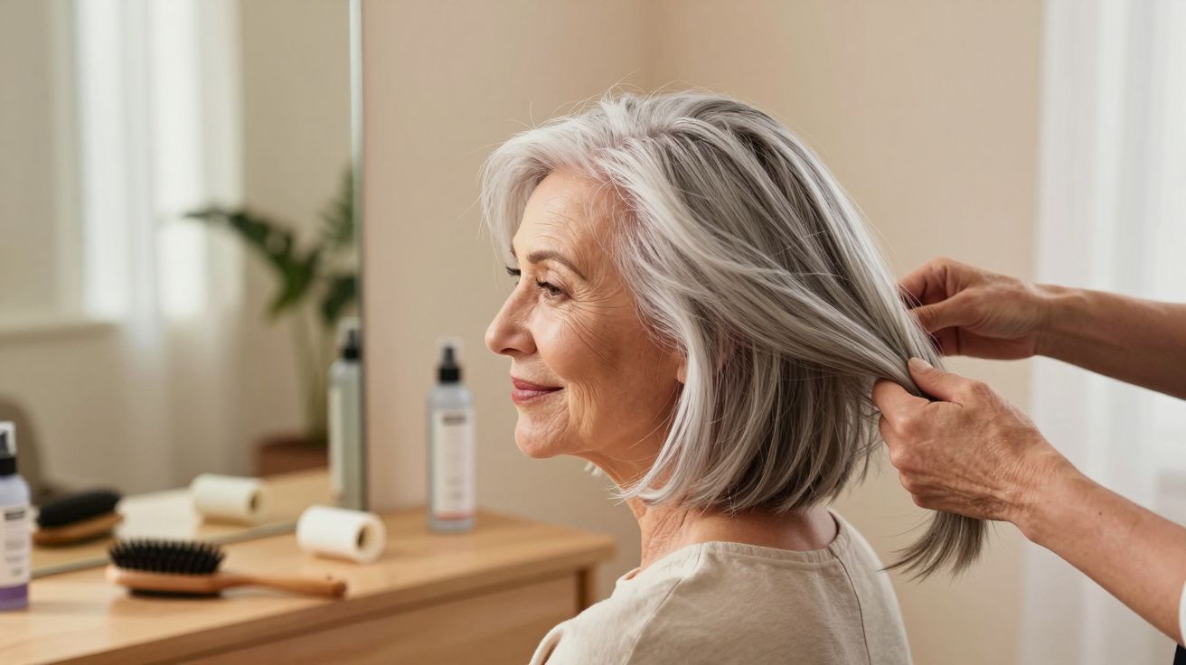 Mulher idosa com cabelo grisalho sendo penteado por cabeleireiro em salão com espelho e produtos de beleza.