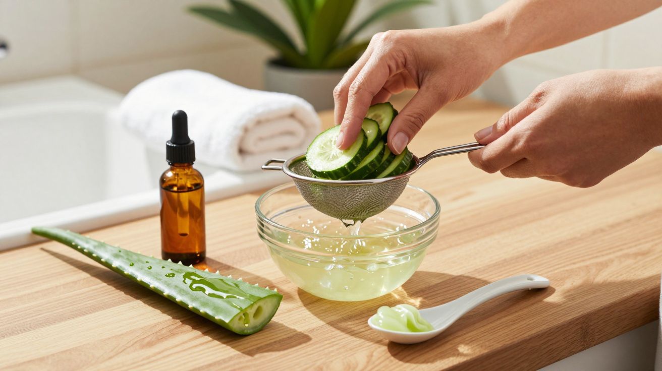 Mãos espremendo pepino sobre uma tigela, com aloe vera e frasco de óleo ao lado, em bancada de cozinha.