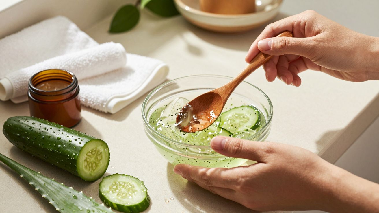 Mãos segurando tigela com rodelas de pepino e água, ao lado de toalha branca e frasco âmbar em bancada.