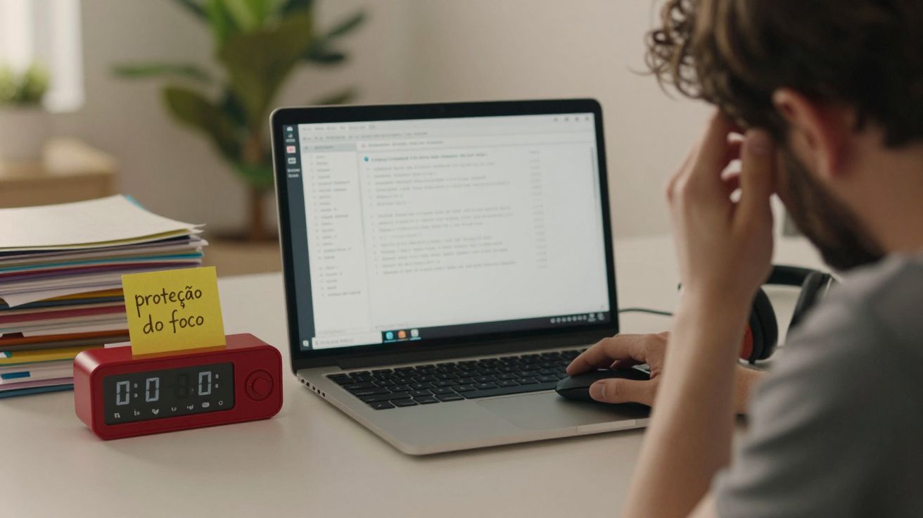 Homem trabalha com portátil, rodeado de papéis, relógio vermelho e lembrete de "proteção do foco".