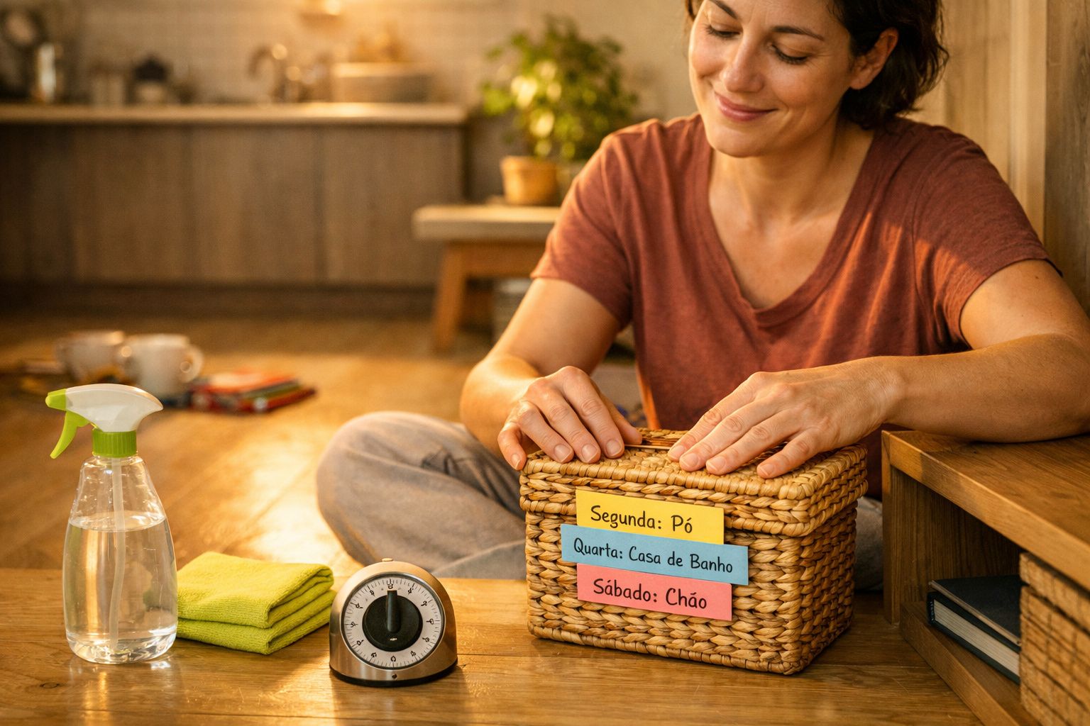 Pessoa escreve num papel à mesa com tempômetro, recipiente e gel desinfetante ao lado, numa sala bem iluminada.