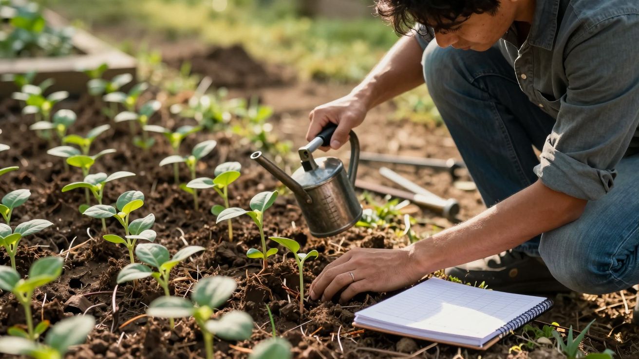 Pessoa a regar mudas num jardim, com bloco de notas ao lado, durante um dia ensolarado.