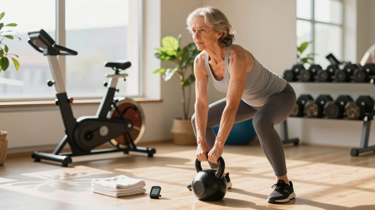 Mulher idosa de cabelo grisalho faz exercícios com kettlebell numa sala de ginástica com bicicletas e pesos.