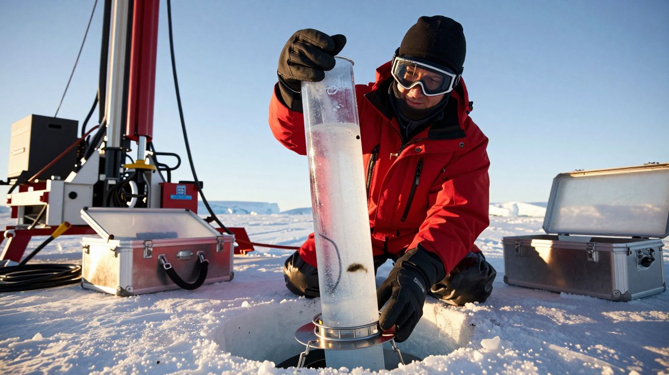 Cientista recolhe amostra de gelo na Antártida usando equipamento especializado, cercado por neve e caixas de instrumentos.
