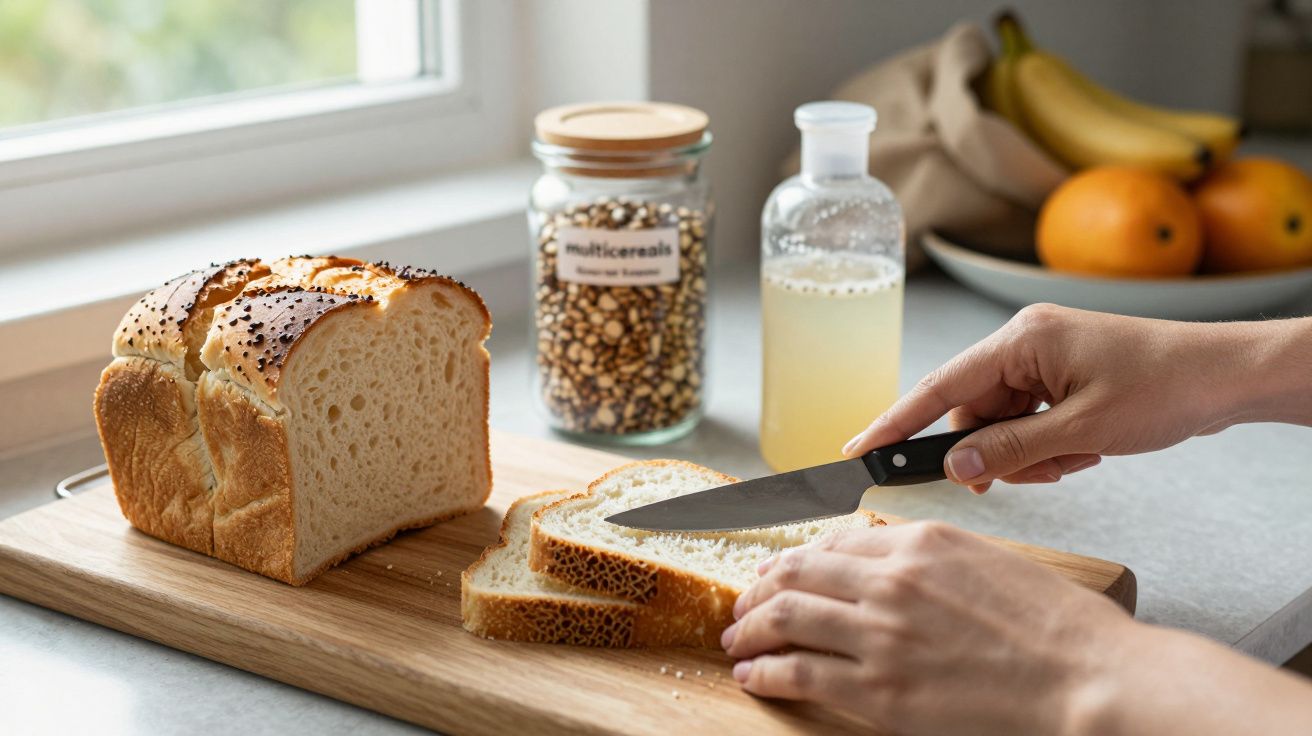 Pessoa corta pão fatiado numa tábua; jarro com cereais e jarra de vidro ao fundo, frutas ao lado.