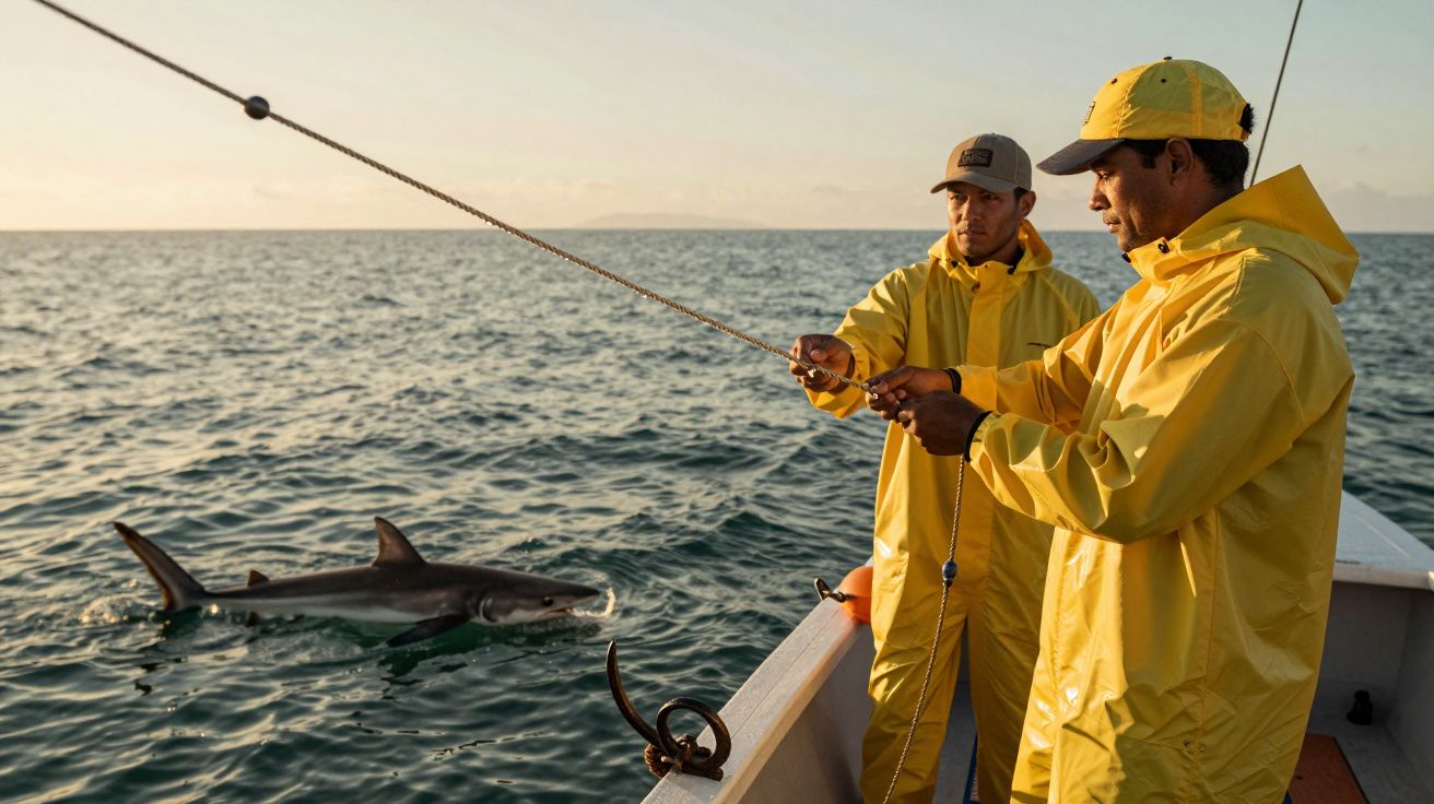 Dois pescadores num barco vestidos de amarelo, segurando uma corda com um tubarão na água ao lado.