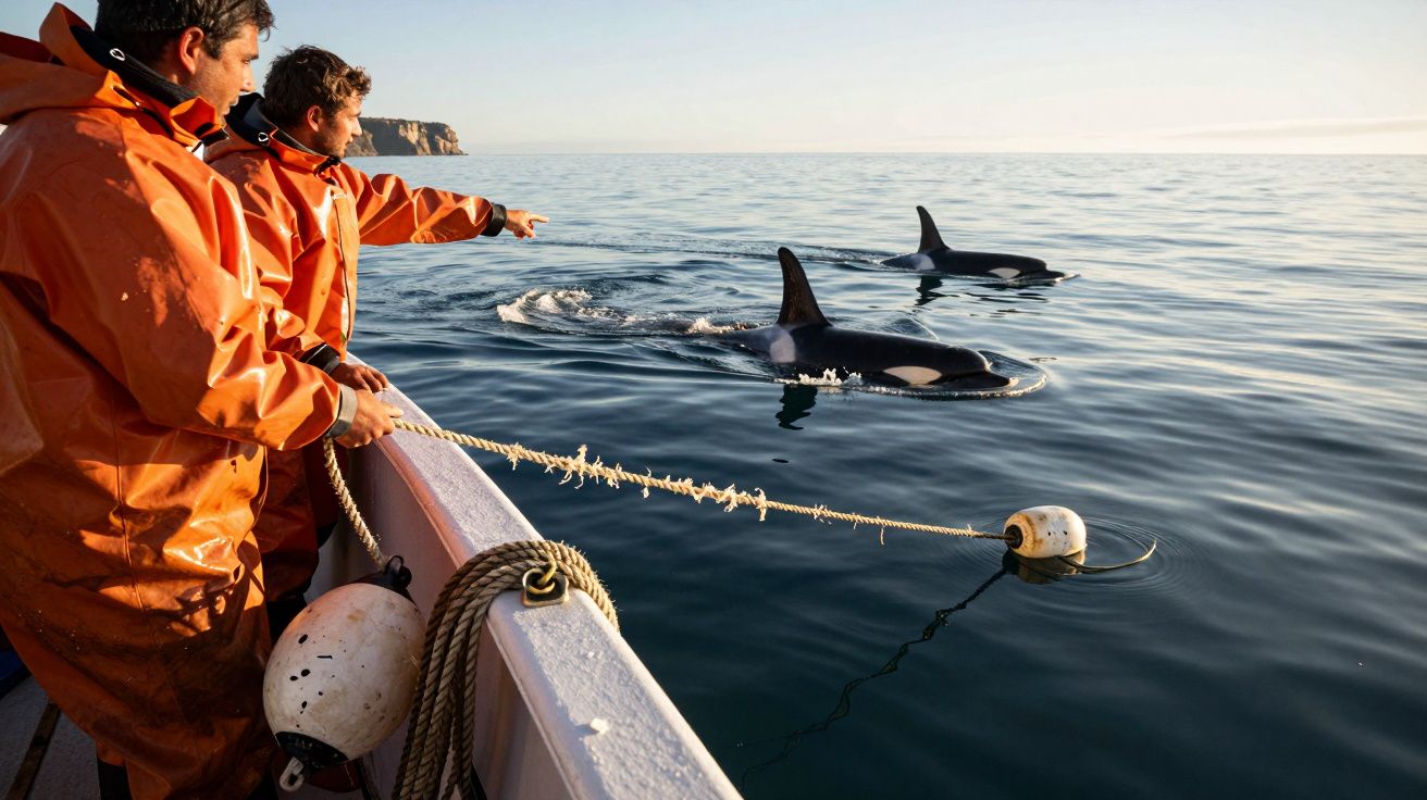 Homens num barco observam orcas a nadar perto, com um deles a apontar. Estão vestidos com roupa de proteção laranja.