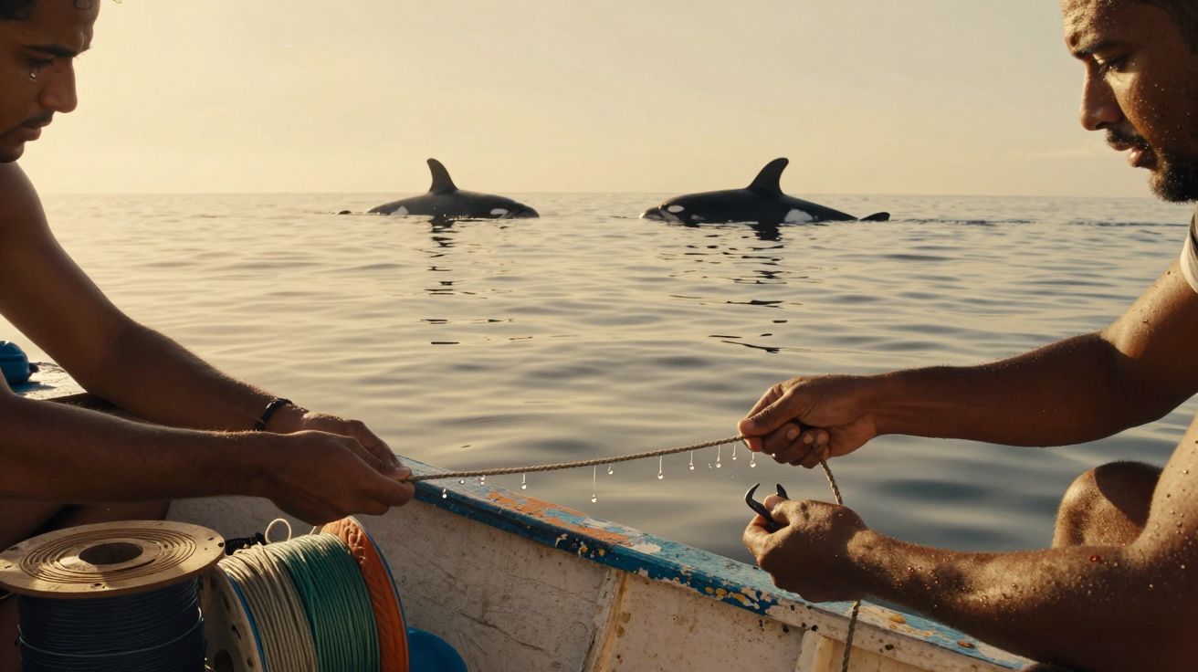 Dois homens num barco seguram uma linha de pesca com duas orcas no mar ao fundo.
