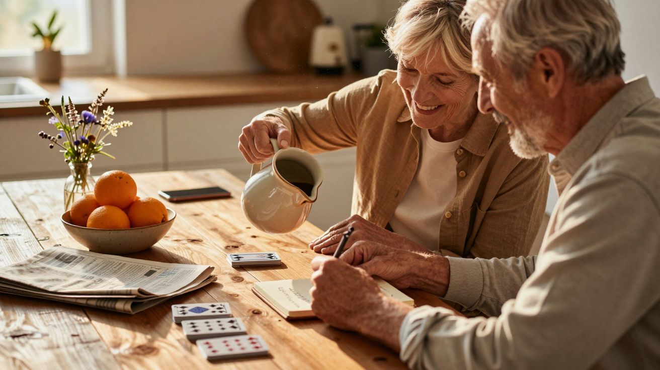 Casal idoso jogando cartas e tomando notas à mesa, enquanto a mulher serve uma bebida.