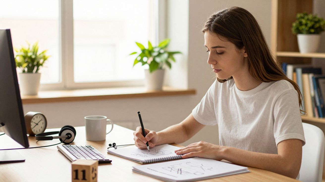 Mulher desenhando numa mesa com computador, plantas e bloco de notas, num ambiente iluminado.
